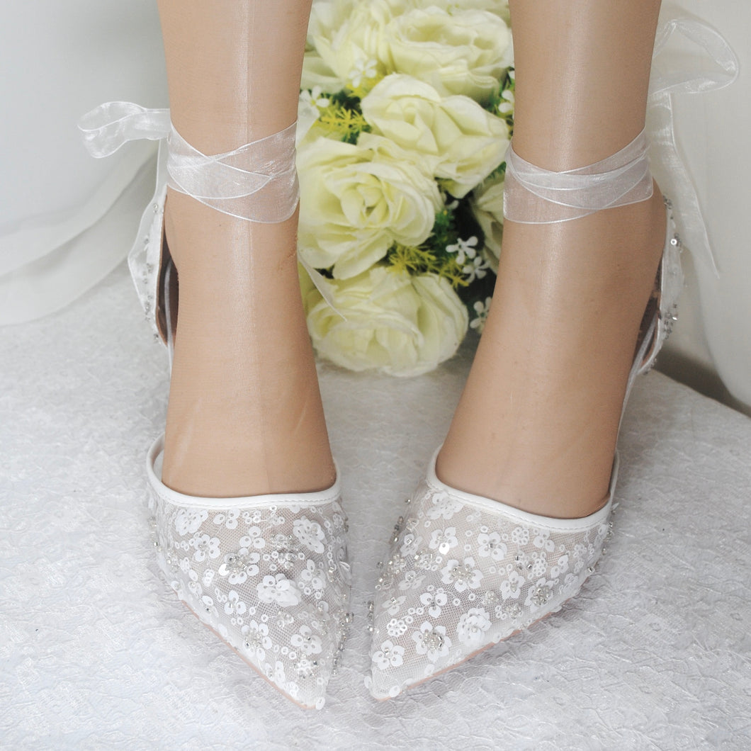 Bridal White Beaded Heels, Sling Back or Ankle Strap