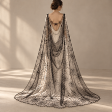 Load image into Gallery viewer, Black Spiderweb Bridal Cape with Lace Trim & Spider Chain Detail – 150–300cm