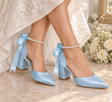 Load image into Gallery viewer, Light Blue Satin Bridal Shoes – Something Blue Block Heel Wedding Shoes