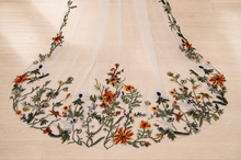 Load image into Gallery viewer, Autumnal embroidered Veil - Cathedral Length Floral Lace Edge Bridal Veil
