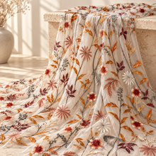 Load image into Gallery viewer, Autumn Botanical Embroidered Tulle Fabric – White or Beige – By the Yard