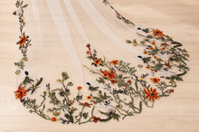 Load image into Gallery viewer, Autumnal embroidered Veil - Cathedral Length Floral Lace Edge Bridal Veil