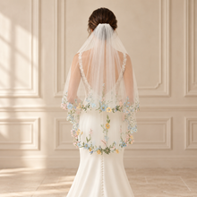 Load image into Gallery viewer, Pastel Floral Embroidered Edge Bridal Veil | 2 Tier