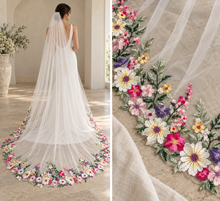 Load image into Gallery viewer, Colourful Wildflower Embroidered Edge Wedding Veil – White or Ivory, 200–300cm