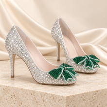 Load image into Gallery viewer, Luxury Crystal Bridal Shoes with Bow – Silver Satin Stiletto Wedding Heels