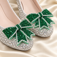 Load image into Gallery viewer, Luxury Crystal Bridal Shoes with Bow – Silver Satin Stiletto Wedding Heels