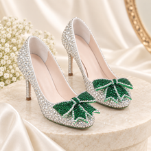 Load image into Gallery viewer, Luxury Crystal Bridal Shoes with Bow – Silver Satin Stiletto Wedding Heels