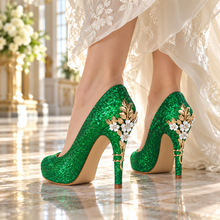 Load image into Gallery viewer, Emerald Green Glitter Wedding Shoes with Gold Cherry Blossom Heels