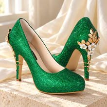 Load image into Gallery viewer, Emerald Green Glitter Wedding Shoes with Gold Cherry Blossom Heels