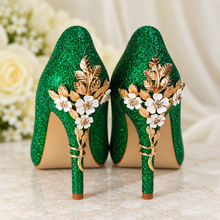 Load image into Gallery viewer, Emerald Green Glitter Wedding Shoes with Gold Cherry Blossom Heels