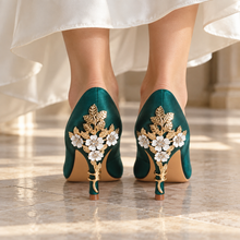 Load image into Gallery viewer, Emerald Green Satin Cherry Blossom Heels | Floral Wedding Shoes
