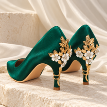 Load image into Gallery viewer, Emerald Green Satin Cherry Blossom Heels | Floral Wedding Shoes