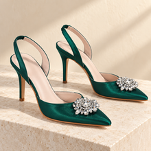 Load image into Gallery viewer, Emerald Green Satin Slingback Heels with Crystal Detail | 9.5 cm