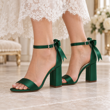 Load image into Gallery viewer, Blue Satin Bridal Shoes with Bows – Block Heel Wedding Sandals