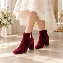 Load image into Gallery viewer, Velvet Ankle Boots – Block Heel Bridal Boots in Green, Wine, Black or Champagne
