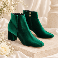 Load image into Gallery viewer, Velvet Ankle Boots – Block Heel Bridal Boots in Green, Wine, Black or Champagne