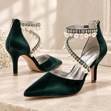 Load image into Gallery viewer, Velvet Bridal Shoes with Pearl Straps – Pointed Toe Wedding Heels