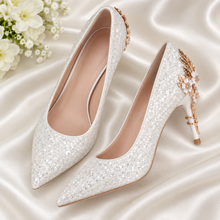 Load image into Gallery viewer, Ellora White Glitter Wedding Shoes – Cherry Blossom Bridal Heels