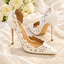 Load image into Gallery viewer, White Floral Cutwork Bridal Shoes | Pointed Toe d’Orsay Heels
