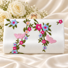 Load image into Gallery viewer, Floral Embroidered Satin Clutch Bag – Handmade Bridal Wedding Purse