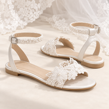 Load image into Gallery viewer, Handmade Floral Lace Flat Bridal Sandals – Ivory or White