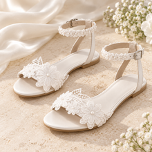 Load image into Gallery viewer, Handmade Floral Lace Flat Bridal Sandals – Ivory or White
