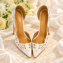 Load image into Gallery viewer, White Floral Cutwork Bridal Shoes | Pointed Toe d’Orsay Heels