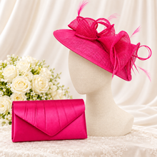 Load image into Gallery viewer, Fuchsia Pink Fascinator and Satin Clutch Bag Set