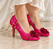 Load image into Gallery viewer, Aurora Inspired Bridal Heels | Hot Pink Satin Wedding Shoes
