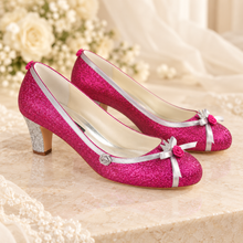 Load image into Gallery viewer, Aurora Inspired Bridal Block Heels | Pink Glitter & Ribbon Roses