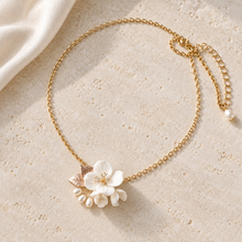 Load image into Gallery viewer, Ceramic Flower & Pearl Bridal Earrings and Necklace – Gold