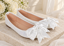 Load image into Gallery viewer, Glitter Bridal Ballet Flats with Oversized Satin Bow | Wide Fit Available