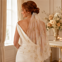 Load image into Gallery viewer, Celeste Gold Celestial Wedding Veil or Bridal Cape – Pearl & Glitter Star Tulle