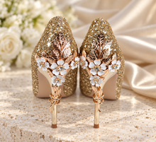 Load image into Gallery viewer, Ellora Gold Cherry Blossom Bridal Shoes – Glitter Wedding Heels