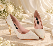 Load image into Gallery viewer, Ellora Light Gold Shimmer Bridal Heels with Cherry Blossom Detail