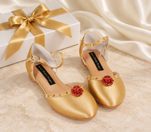 Load image into Gallery viewer, Belle Inspired Gold Bridal Flats | Crystal Rose Wedding Shoes