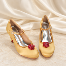Load image into Gallery viewer, Belle Inspired Gold Bridal Shoes | Red Crystal Rose Block Heels