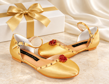 Load image into Gallery viewer, Belle Inspired Gold Bridal Flats | Crystal Rose Wedding Shoes
