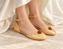 Load image into Gallery viewer, Belle Inspired Gold Bridal Flats | Crystal Rose Wedding Shoes
