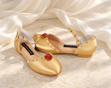 Load image into Gallery viewer, Belle Inspired Gold Bridal Flats | Crystal Rose Wedding Shoes