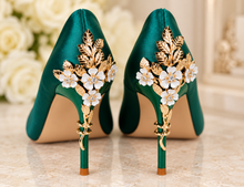 Load image into Gallery viewer, Green Satin Cherry Blossom Wedding Shoes | 9 cm Heels