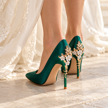 Load image into Gallery viewer, Green Satin Cherry Blossom Wedding Shoes | 9 cm Heels