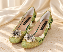 Load image into Gallery viewer, Tiana Inspired Bridal Block Heels | Green Glitter & Golden Leaves