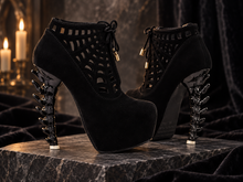 Load image into Gallery viewer, Hallow Black Spiderweb Platform Boots | Skeletal Heel