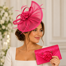 Load image into Gallery viewer, Hot Pink Satin Clutch Bag & Fascinator | Matching Wedding Guest Set