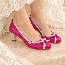 Load image into Gallery viewer, Aurora Inspired Bridal Block Heels | Pink Glitter & Ribbon Roses