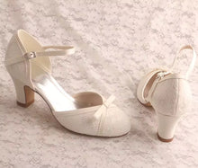 Load image into Gallery viewer, Ivory Bridal Block Heel Sandals – Handmade Satin Lace Ankle Strap Wedding Low Heels - UK4 / US6.5