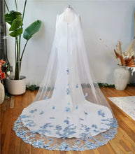 Load image into Gallery viewer, Beautiful cathedral wedding veil 3D Blue embroidered flowers