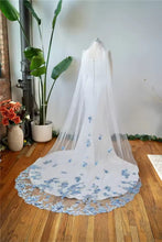 Load image into Gallery viewer, Beautiful cathedral wedding veil 3D Blue embroidered flowers
