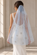 Load image into Gallery viewer, Pale Blue & Silver Star Glitter Wedding Veil with Comb – 100cm or 150cm